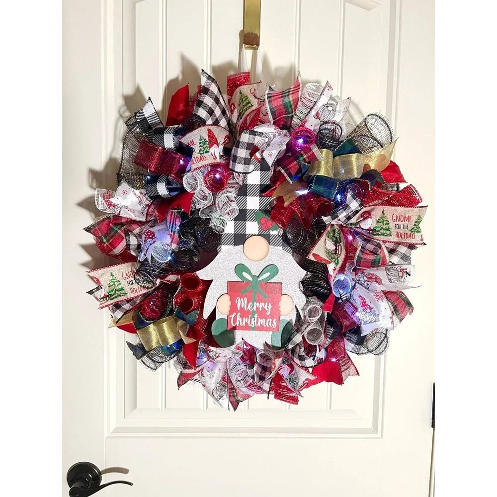 Handmade Merry Christmas Gnome Holiday Ribbon Door Wreath 22 ins W45